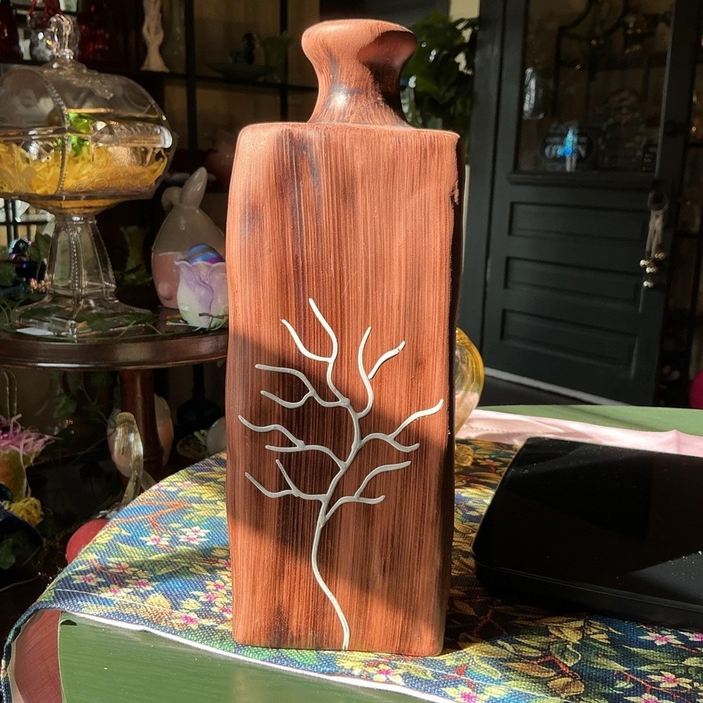 11" Ceramic Vase Faux Wood Texture With White Branch Detail